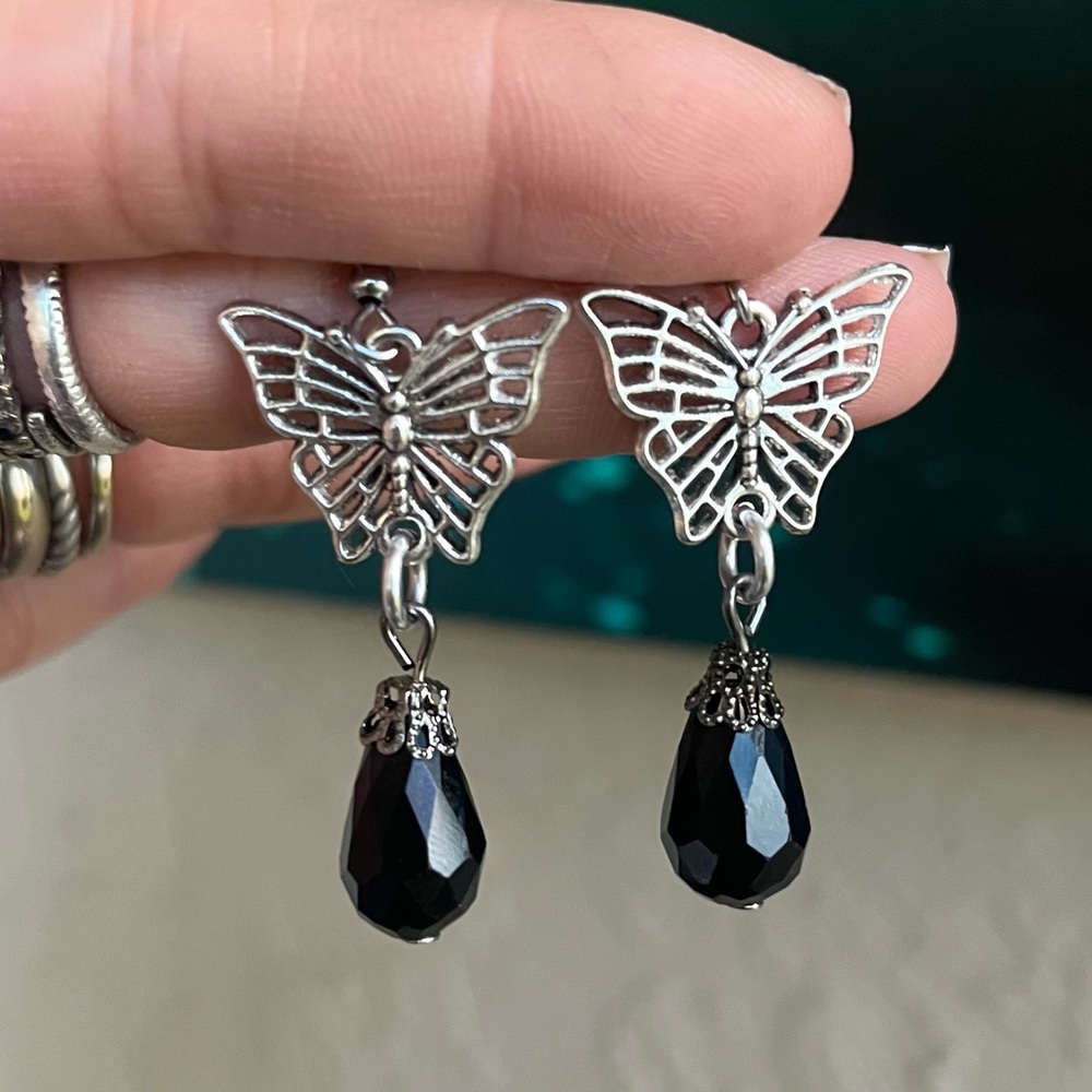 Butterfly Set with black austrian crystals ( necklace & matching earrings ) boho - Picture 5 of 13